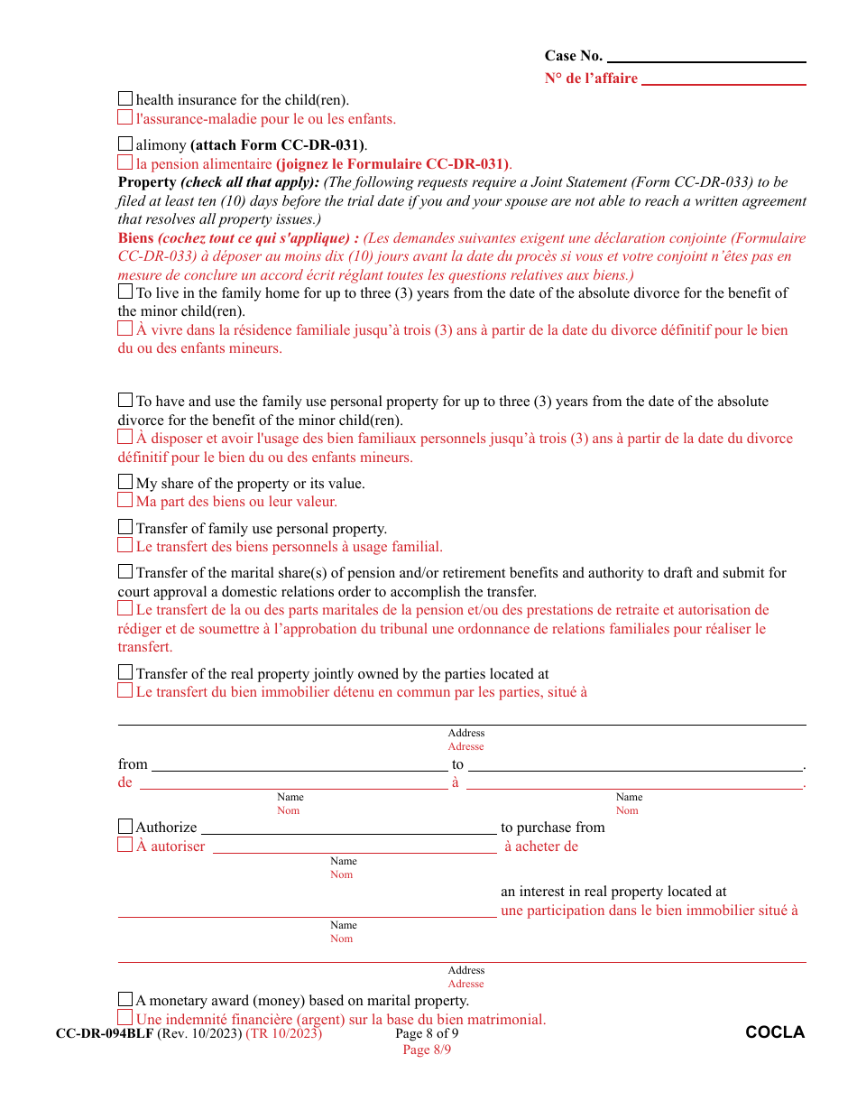 Form CC-DR-094BLF Counter-Claim for Absolute Divorcee - Maryland (English / French), Page 8