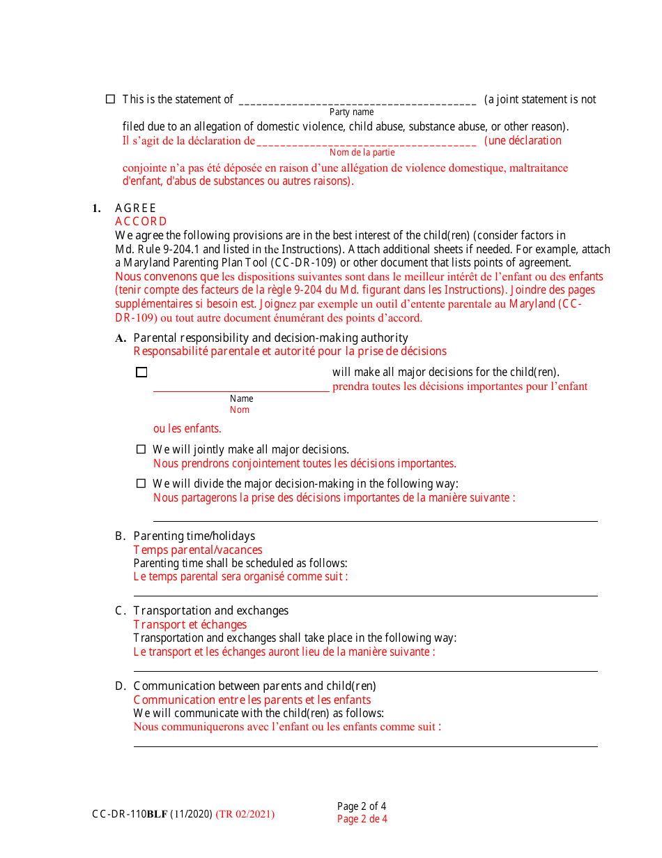 Form CC-DR-110BLF Joint Statement of the Parties Concerning Decision-Making Authority and Parenting Time - Maryland (English / French), Page 2