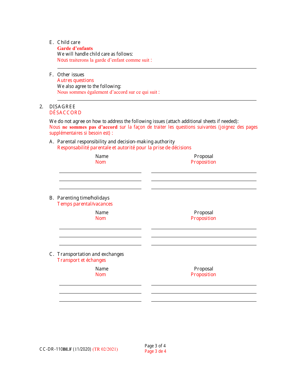 Form CC-DR-110BLF Joint Statement of the Parties Concerning Decision-Making Authority and Parenting Time - Maryland (English / French), Page 3