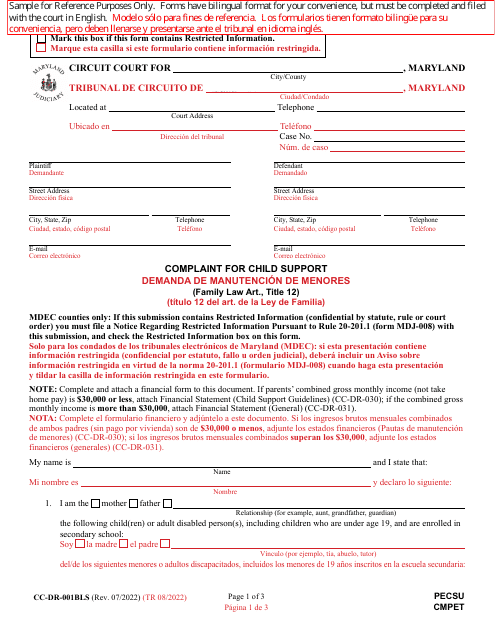 Form CC-DR-001BLS Complaint for Child Support - Maryland (English/Spanish)