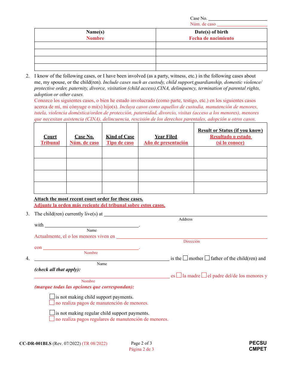 Form CC-DR-001BLS Complaint for Child Support - Maryland (English / Spanish), Page 2
