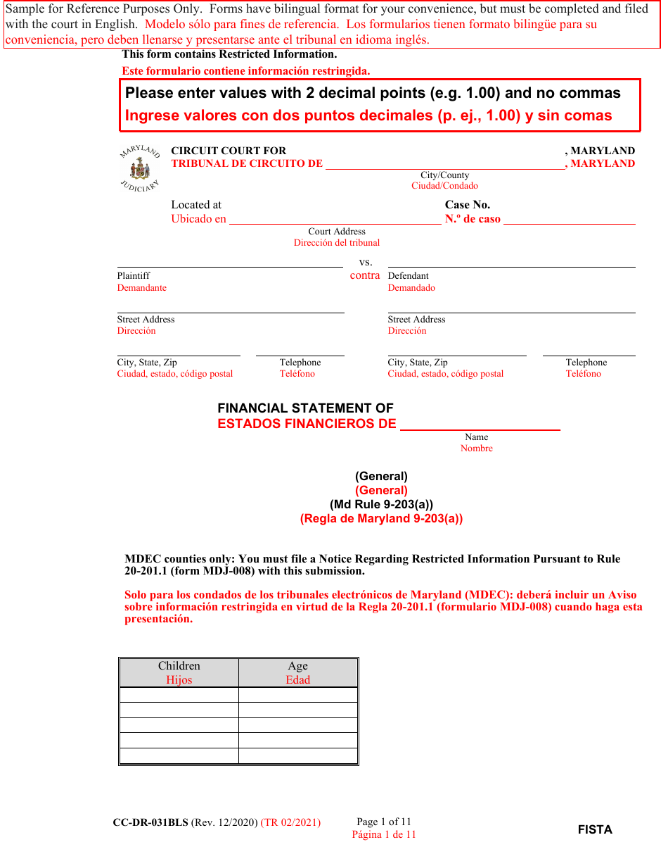Form CC-DR-031BLS Financial Statement (General) - Maryland (English / Spanish), Page 1