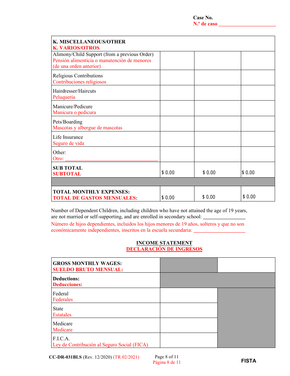 Form CC-DR-031BLS Financial Statement (General) - Maryland (English / Spanish), Page 8