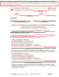 Document preview: Form CC-GN-004BLS Answer to Petition for Guardianship of Alleged Disabled Person - Maryland (English/Spanish)