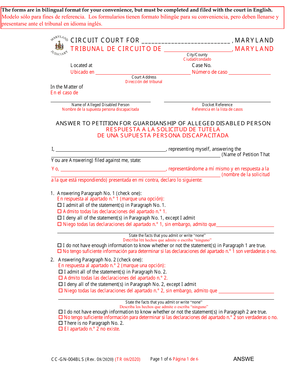 Form CC-GN-004BLS Answer to Petition for Guardianship of Alleged Disabled Person - Maryland (English / Spanish), Page 1