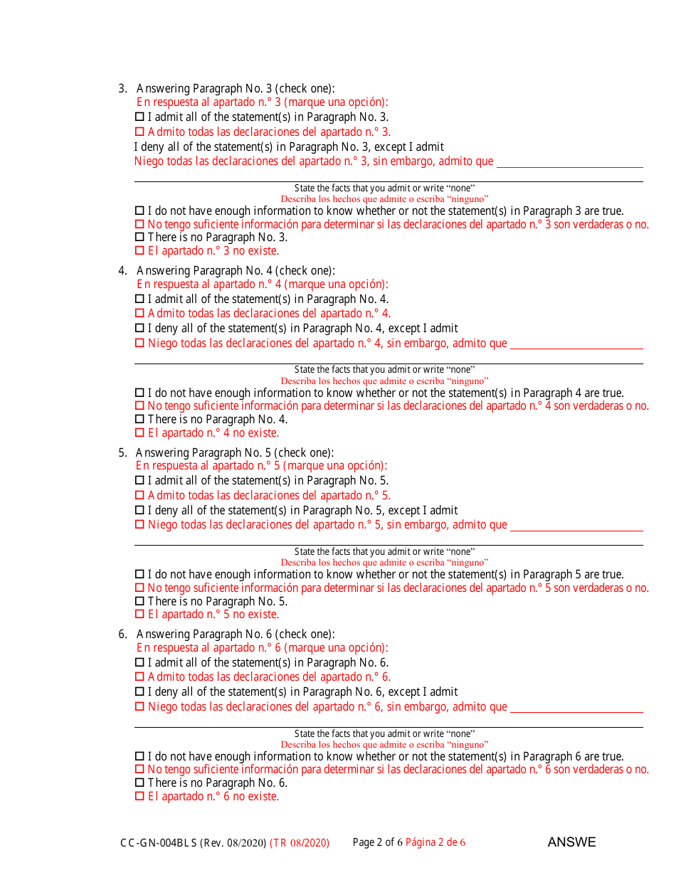 Form CC-GN-004BLS Answer to Petition for Guardianship of Alleged Disabled Person - Maryland (English / Spanish), Page 2