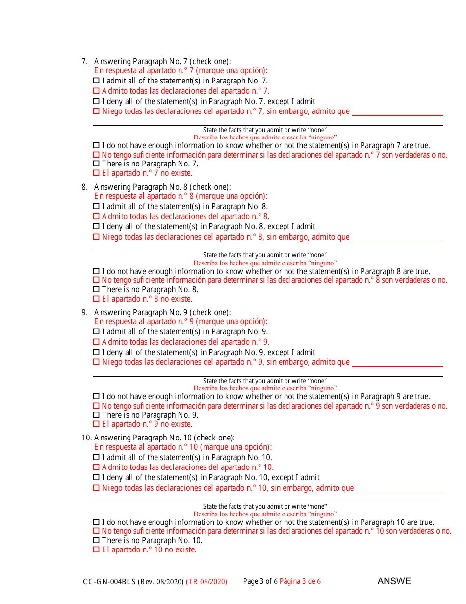 Form CC-GN-004BLS Answer to Petition for Guardianship of Alleged Disabled Person - Maryland (English / Spanish), Page 3