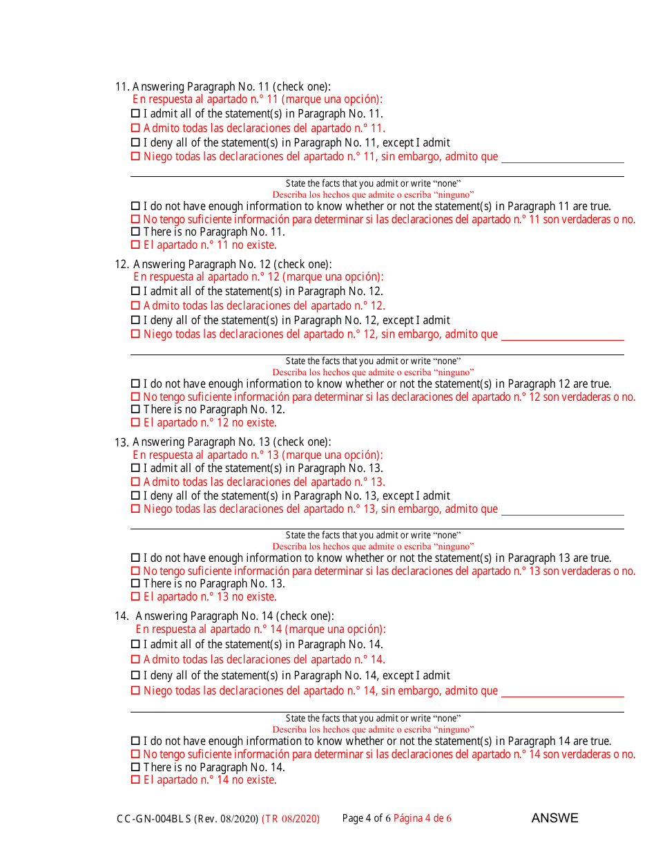 Form CC-GN-004BLS Answer to Petition for Guardianship of Alleged Disabled Person - Maryland (English / Spanish), Page 4