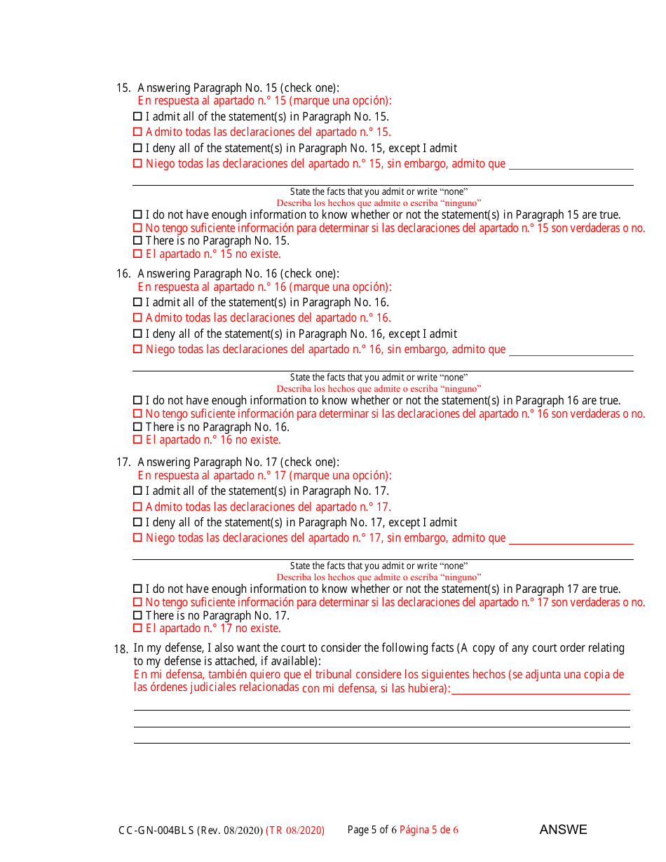 Form CC-GN-004BLS Answer to Petition for Guardianship of Alleged Disabled Person - Maryland (English / Spanish), Page 5