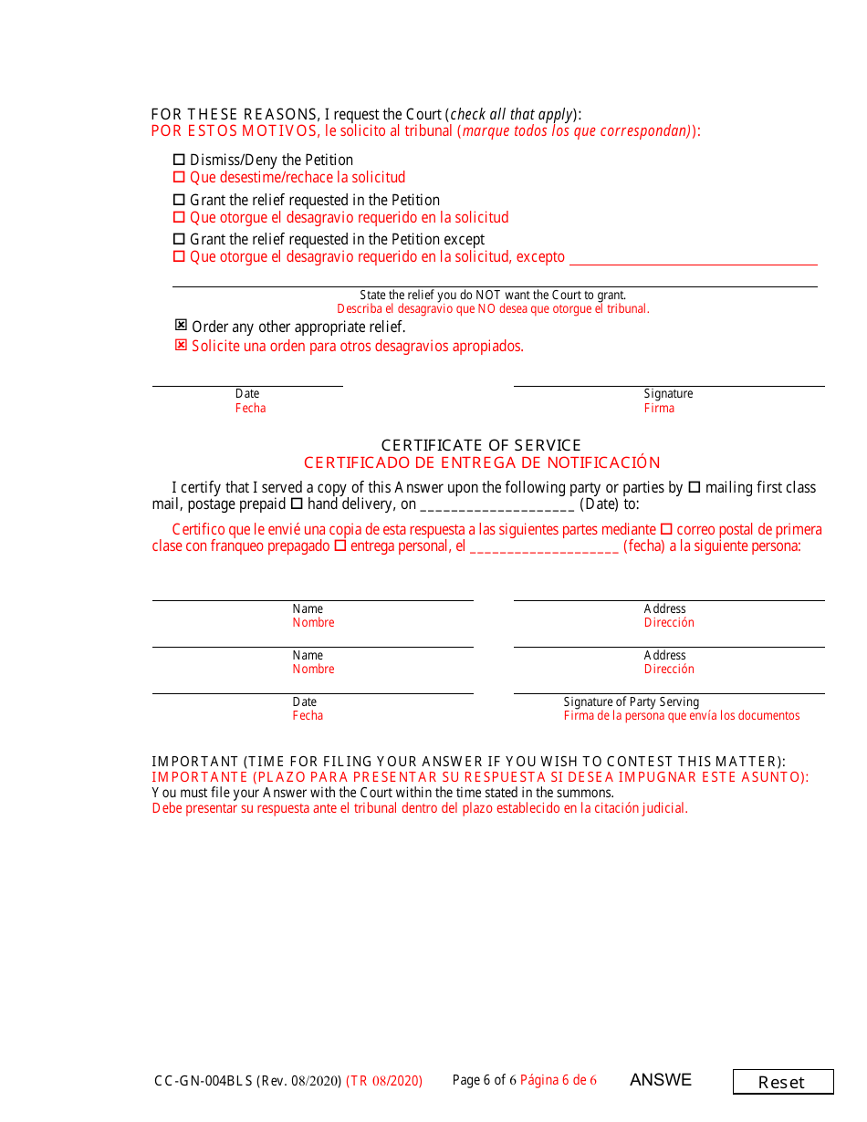 Form CC-GN-004BLS Answer to Petition for Guardianship of Alleged Disabled Person - Maryland (English / Spanish), Page 6
