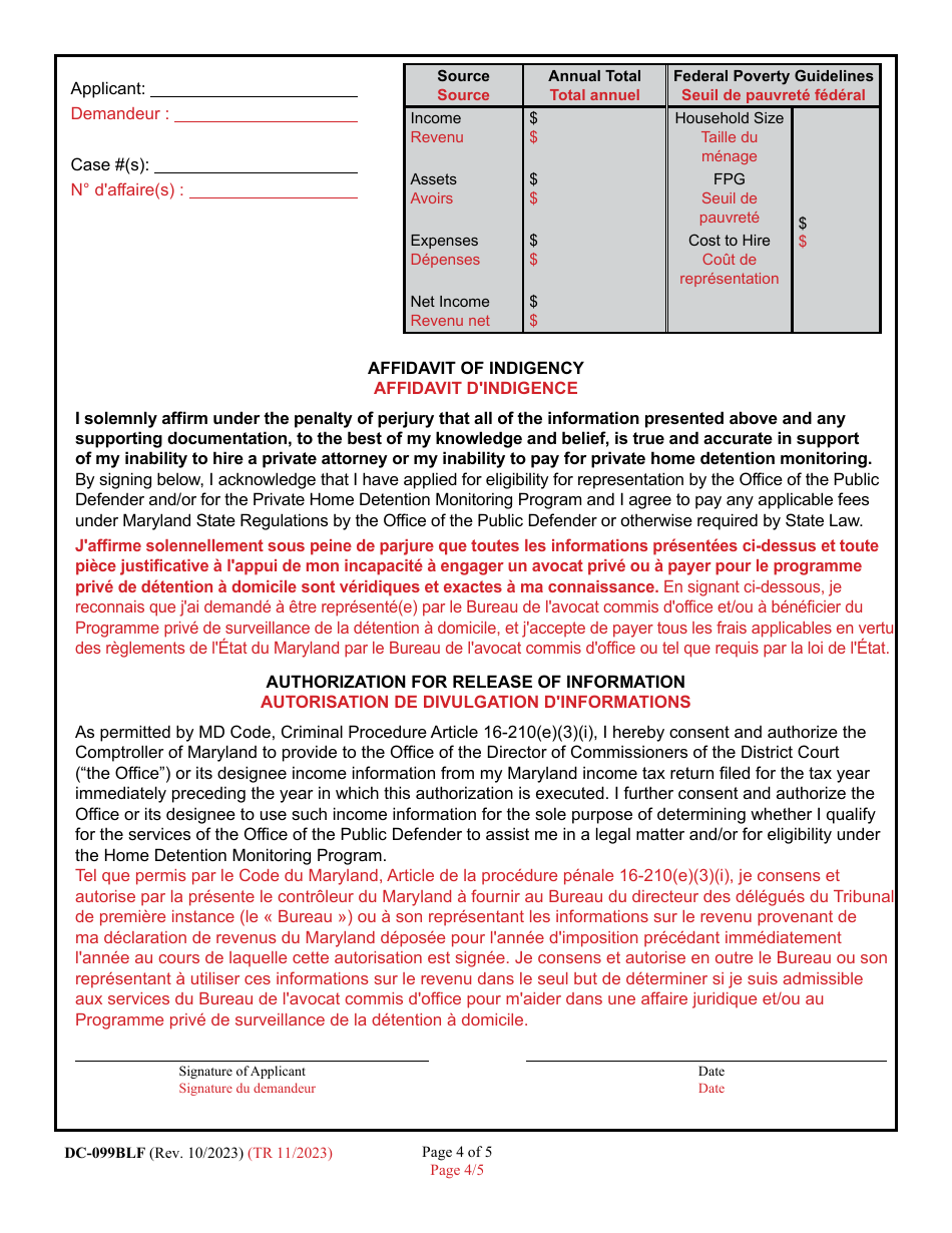 Form DC-099BLF Application for Eligibility - Representation by the Public Defender and / or Private Home Detention Program - Maryland (English / French), Page 4