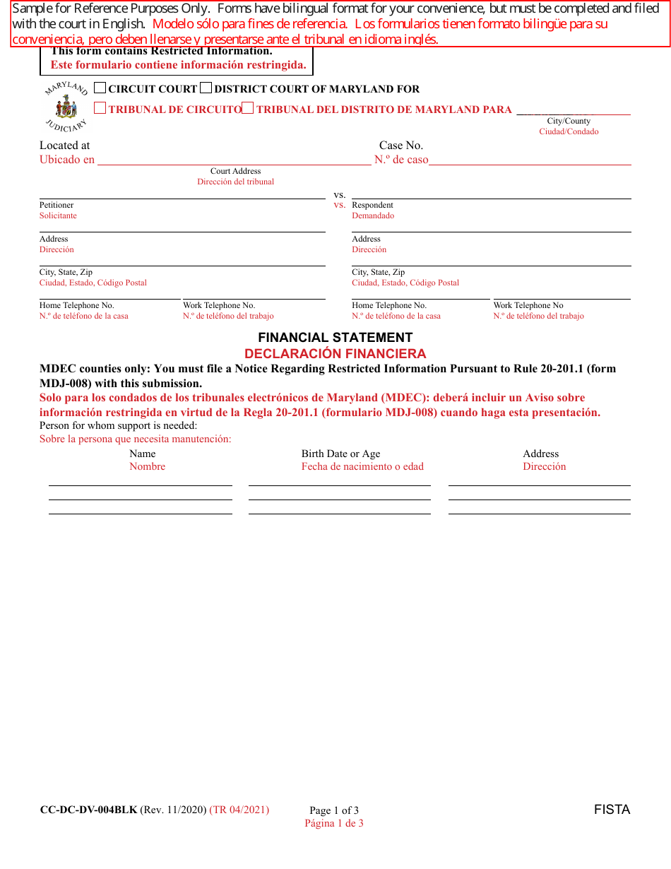 Form CC-DC-DV-004BLS Financial Statement - Maryland (English / Spanish), Page 1