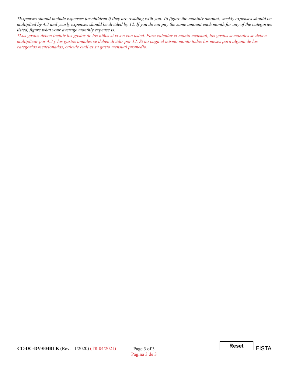 Form CC-DC-DV-004BLS Financial Statement - Maryland (English / Spanish), Page 3