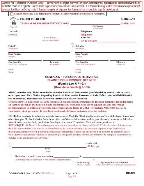 Form CC-DR-020BLF Complaint for Absolute Divorce - Maryland (English/French)