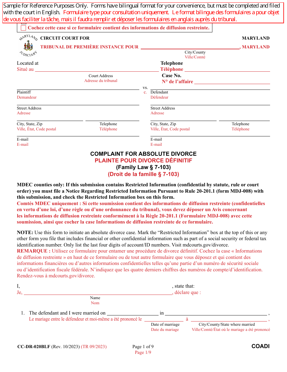 Form CC-DR-020BLF Complaint for Absolute Divorce - Maryland (English / French), Page 1