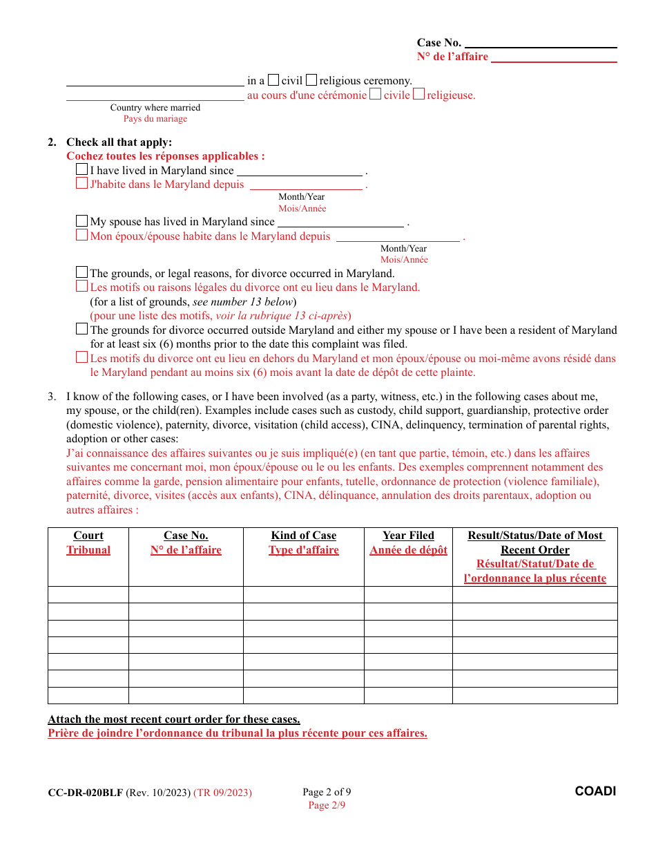 Form CC-DR-020BLF Complaint for Absolute Divorce - Maryland (English / French), Page 2