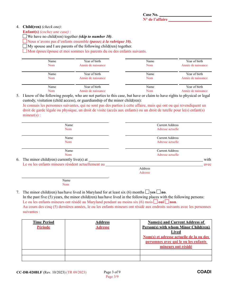 Form CC-DR-020BLF Complaint for Absolute Divorce - Maryland (English / French), Page 3