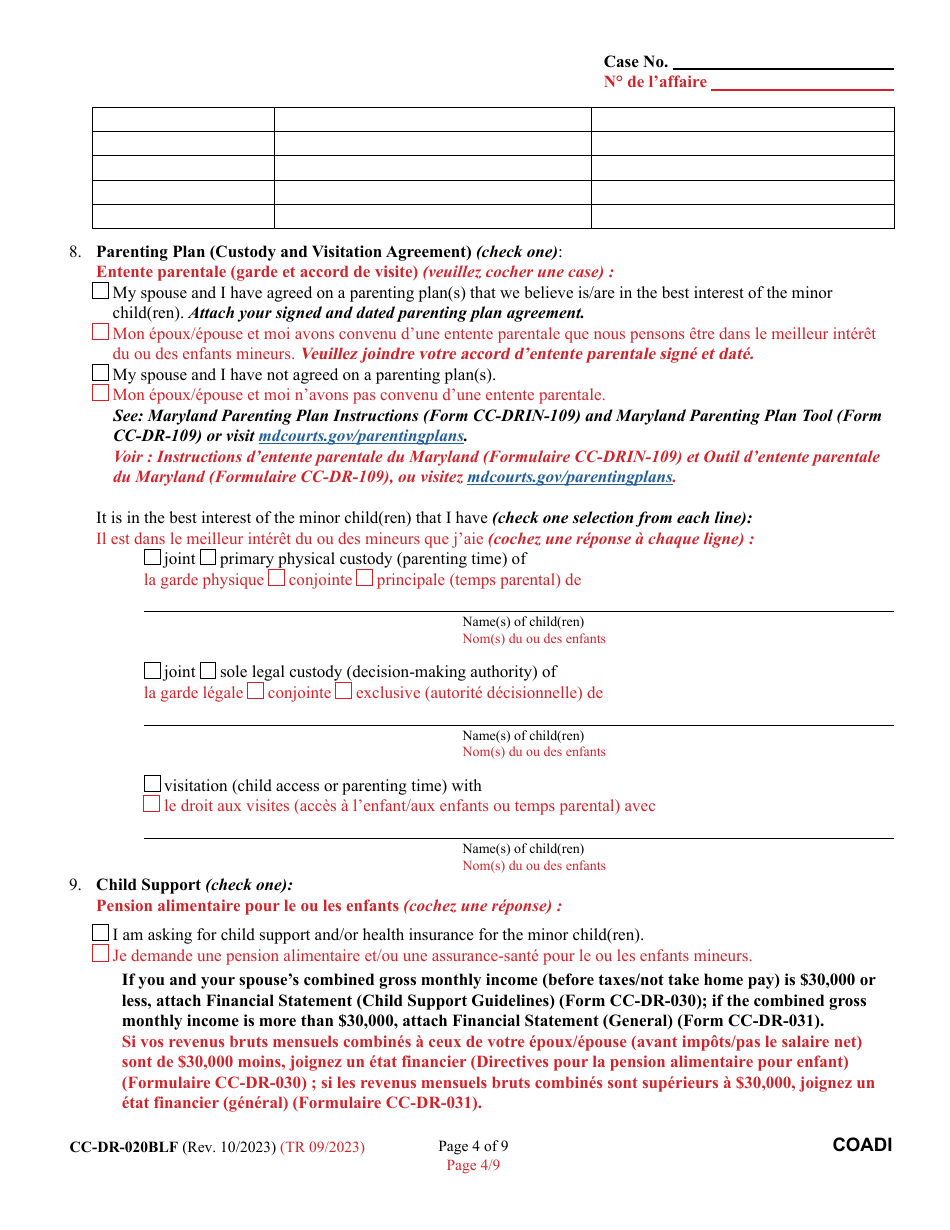 Form CC-DR-020BLF Complaint for Absolute Divorce - Maryland (English / French), Page 4