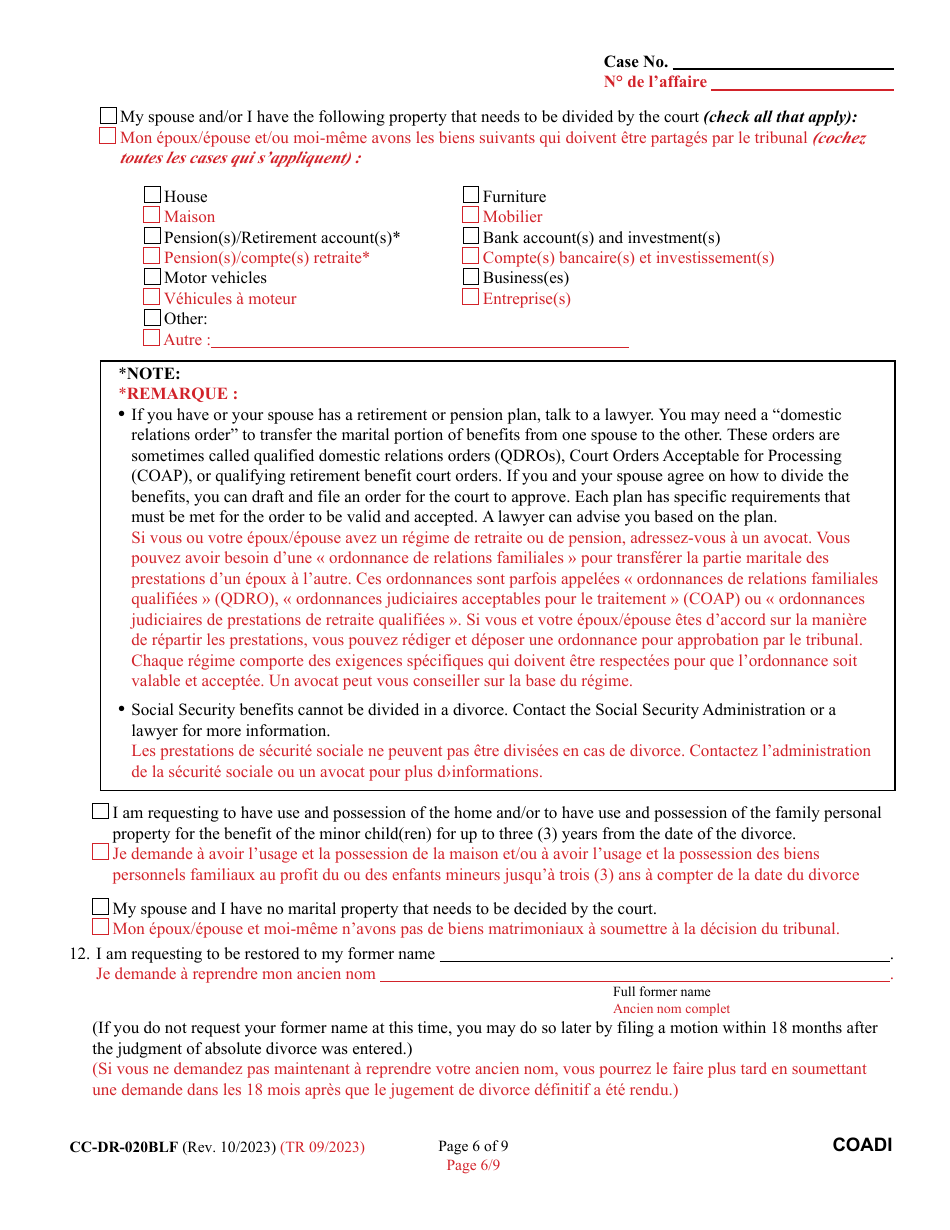 Form CC-DR-020BLF Complaint for Absolute Divorce - Maryland (English / French), Page 6
