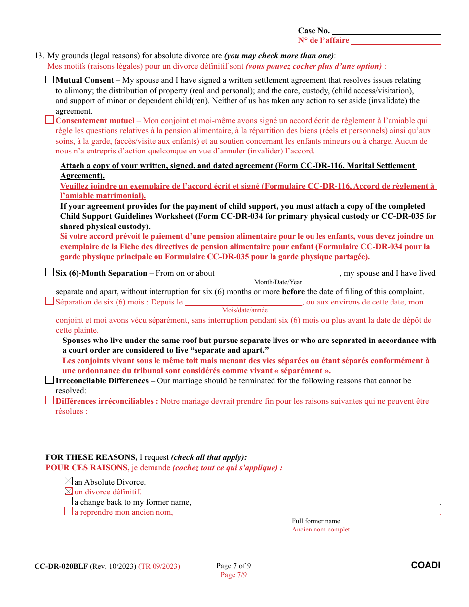 Form CC-DR-020BLF Complaint for Absolute Divorce - Maryland (English / French), Page 7