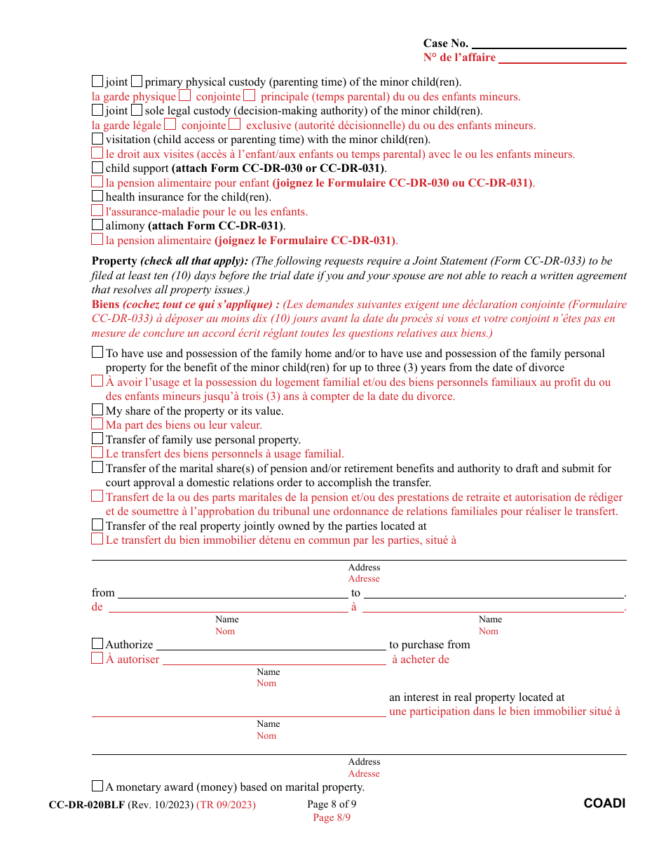 Form CC-DR-020BLF Complaint for Absolute Divorce - Maryland (English / French), Page 8