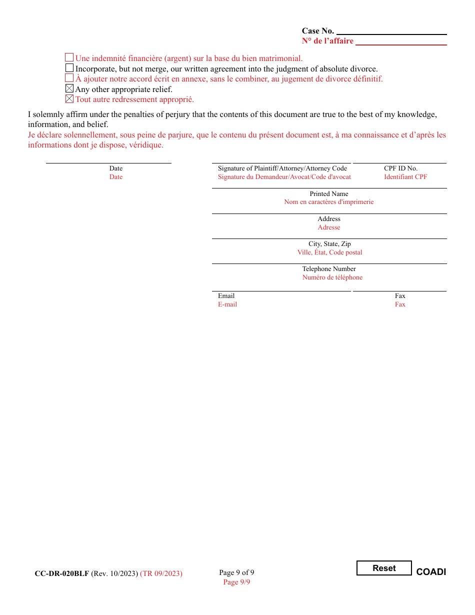 Form CC-DR-020BLF Complaint for Absolute Divorce - Maryland (English / French), Page 9