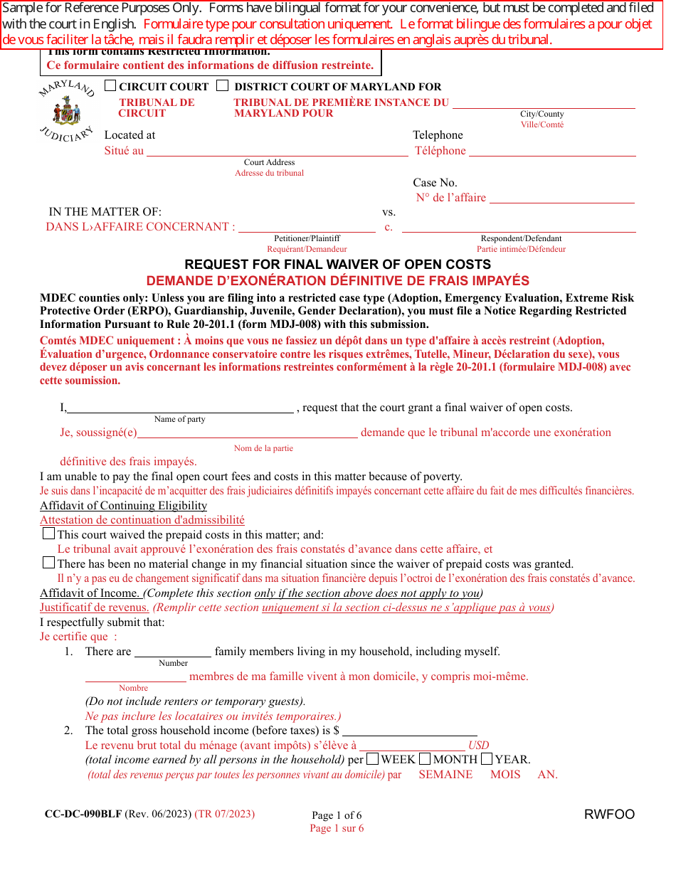 Form CC-DC-090BLF Request for Final Waiver of Open Costs - Maryland (English / French), Page 1