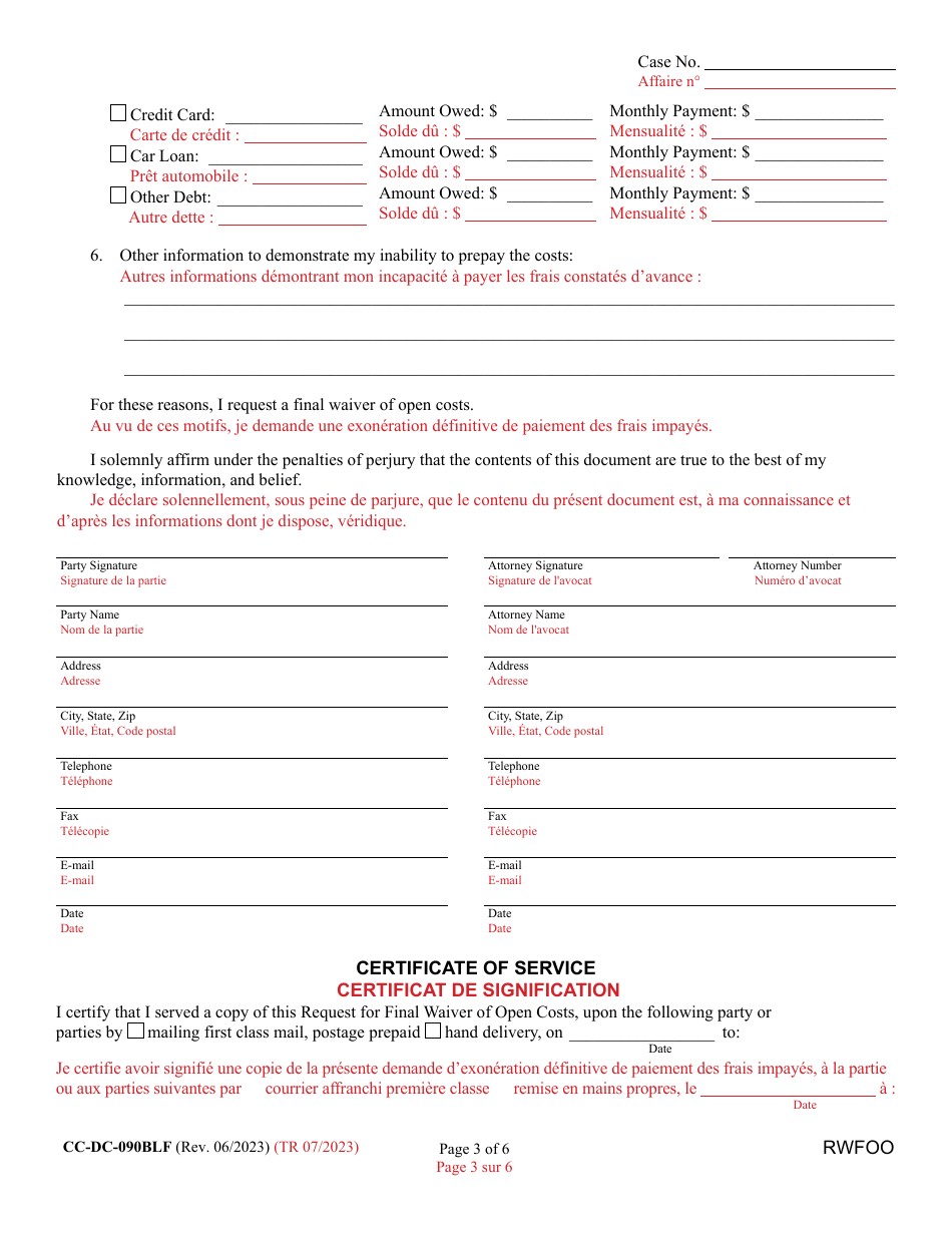 Form CC-DC-090BLF Request for Final Waiver of Open Costs - Maryland (English / French), Page 3