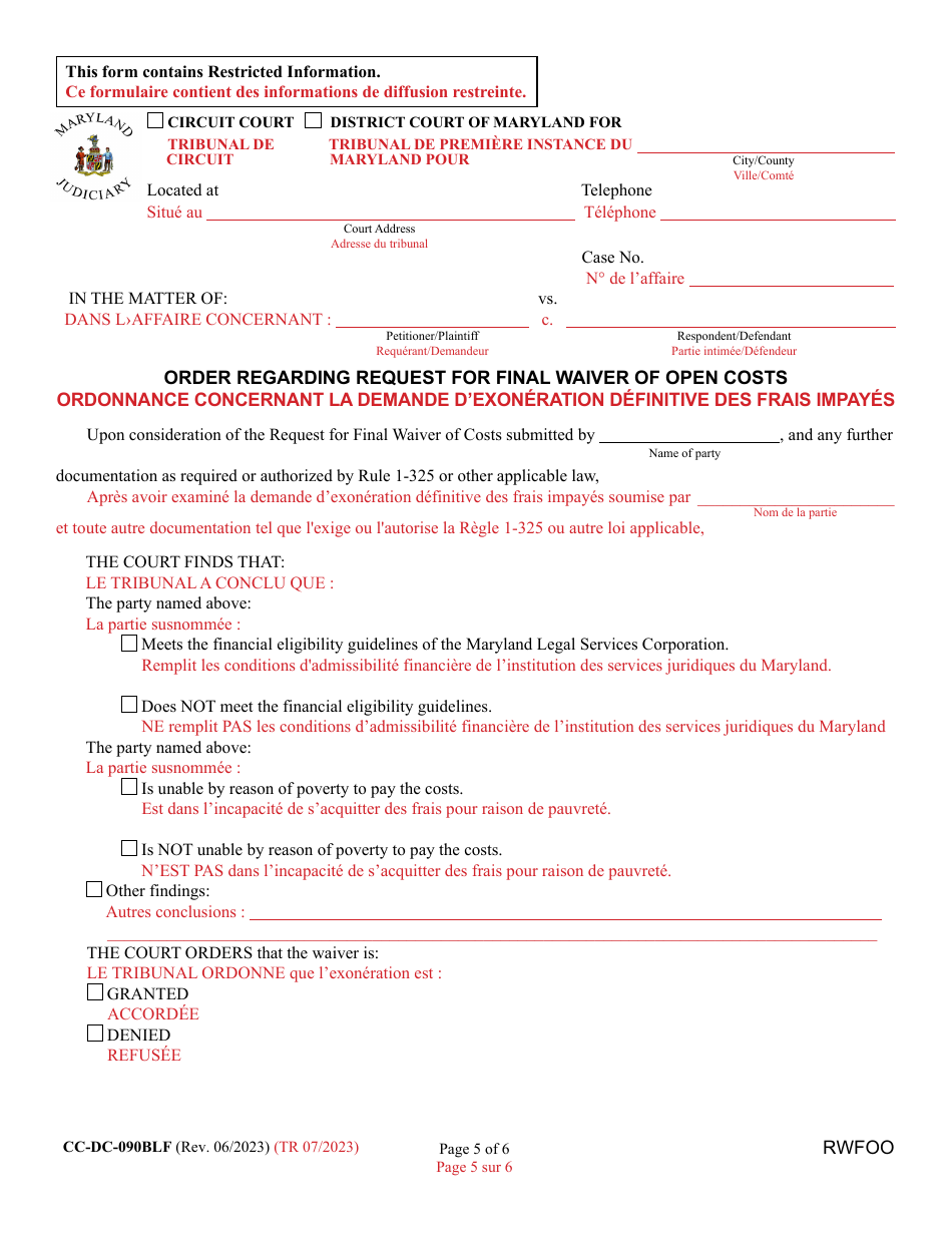 Form CC-DC-090BLF Request for Final Waiver of Open Costs - Maryland (English / French), Page 5