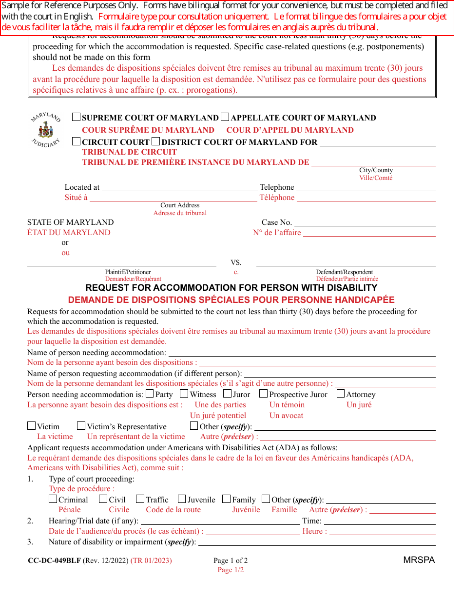 Form CC-DC-049BLF Request for Accommodation for Person With Disability - Maryland (English / French), Page 1