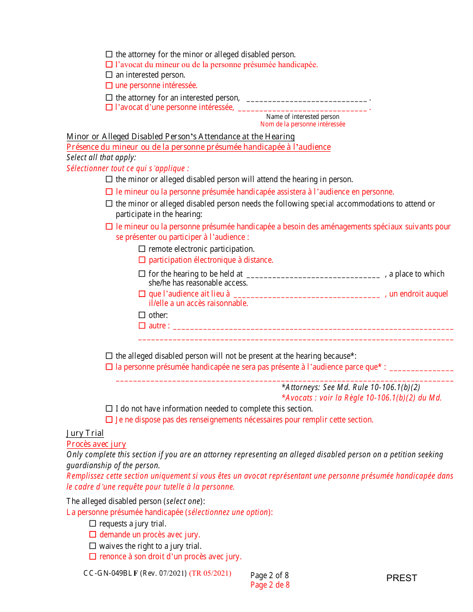 Form CC-GN-049BLF Pre-hearing Statement (Guardianship) - Maryland (English / French), Page 2
