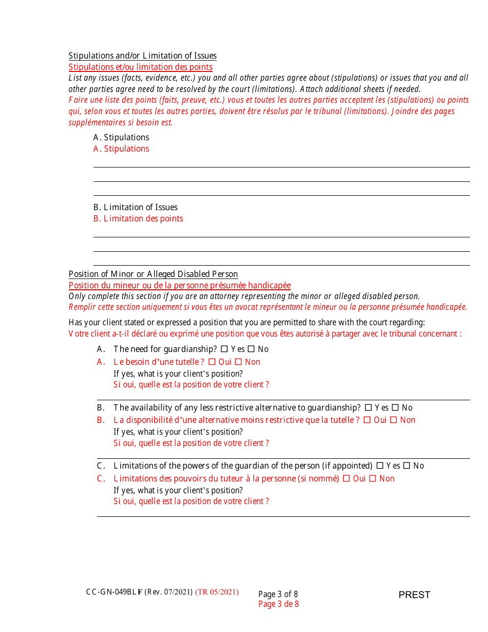 Form CC-GN-049BLF Pre-hearing Statement (Guardianship) - Maryland (English / French), Page 3
