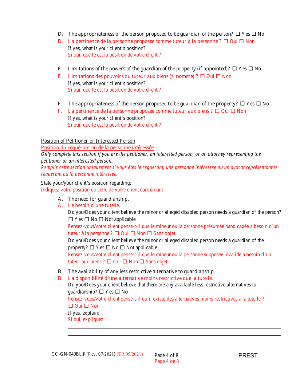 Form CC-GN-049BLF Pre-hearing Statement (Guardianship) - Maryland (English / French), Page 4
