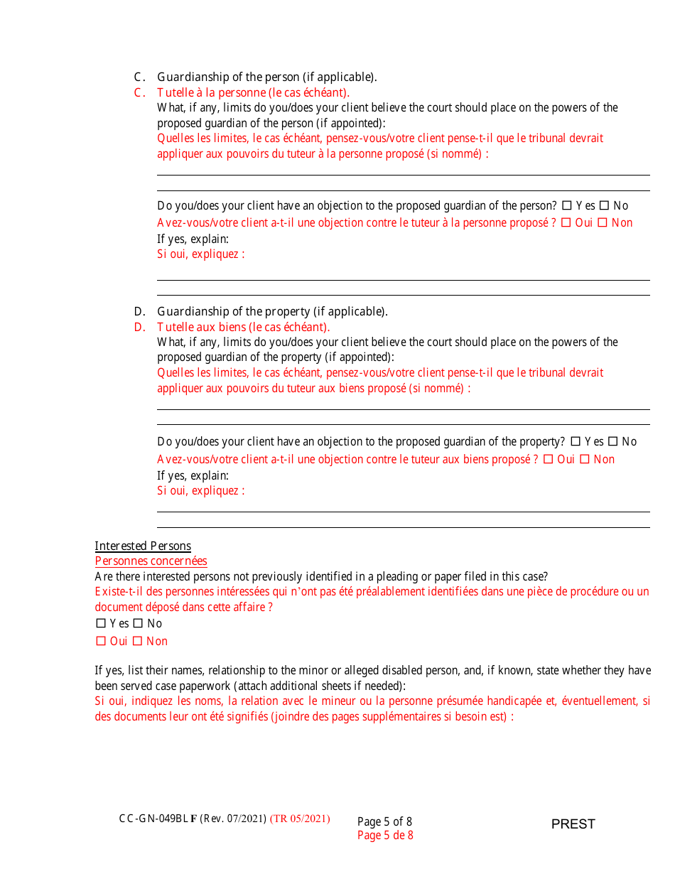Form CC-GN-049BLF Pre-hearing Statement (Guardianship) - Maryland (English / French), Page 5