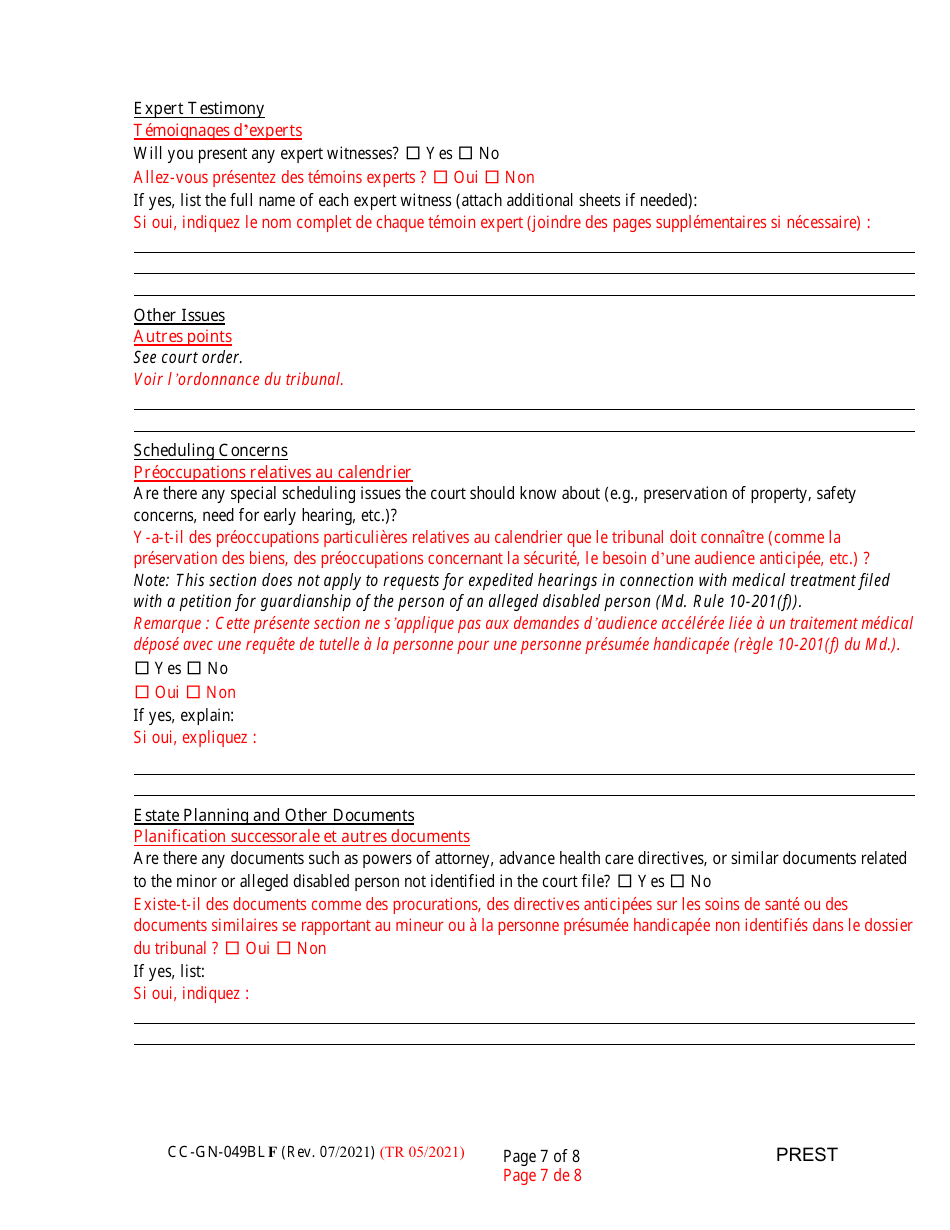 Form CC-GN-049BLF Pre-hearing Statement (Guardianship) - Maryland (English / French), Page 7