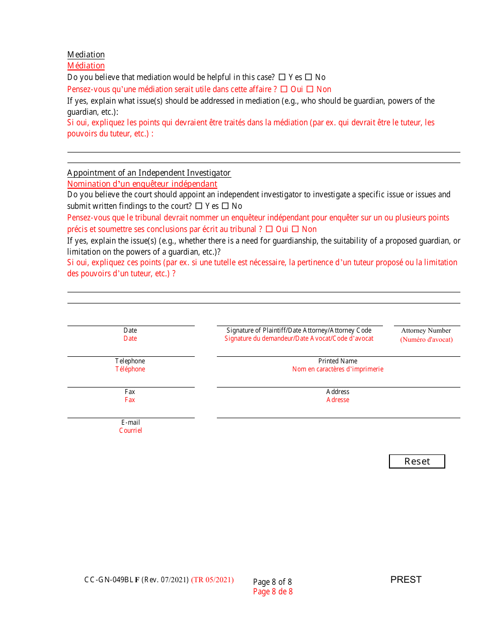 Form CC-GN-049BLF Pre-hearing Statement (Guardianship) - Maryland (English / French), Page 8