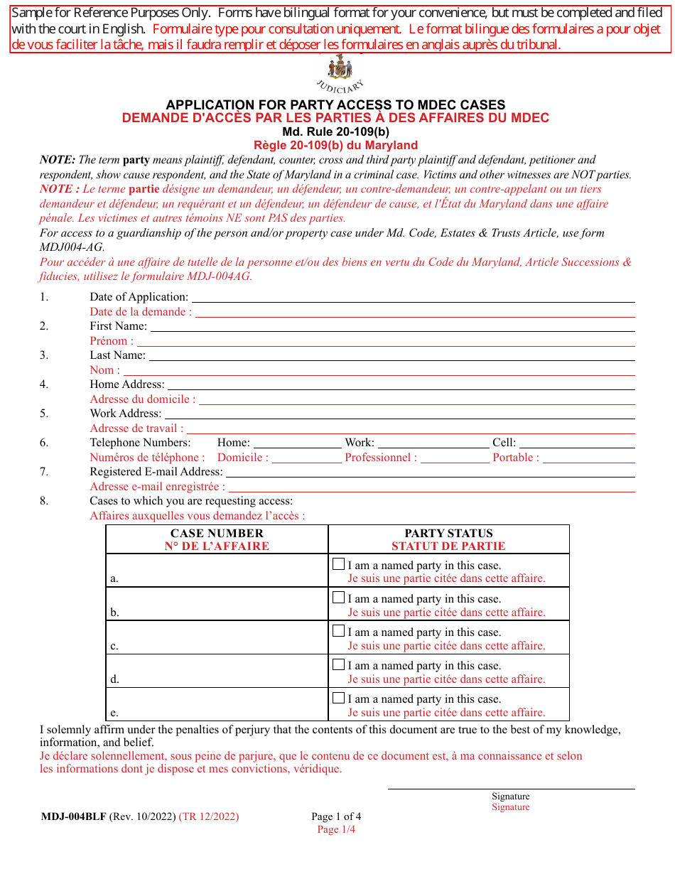 Form MDJ-004BLF Application for Party Access to Mdec Cases - Maryland (English / French), Page 1