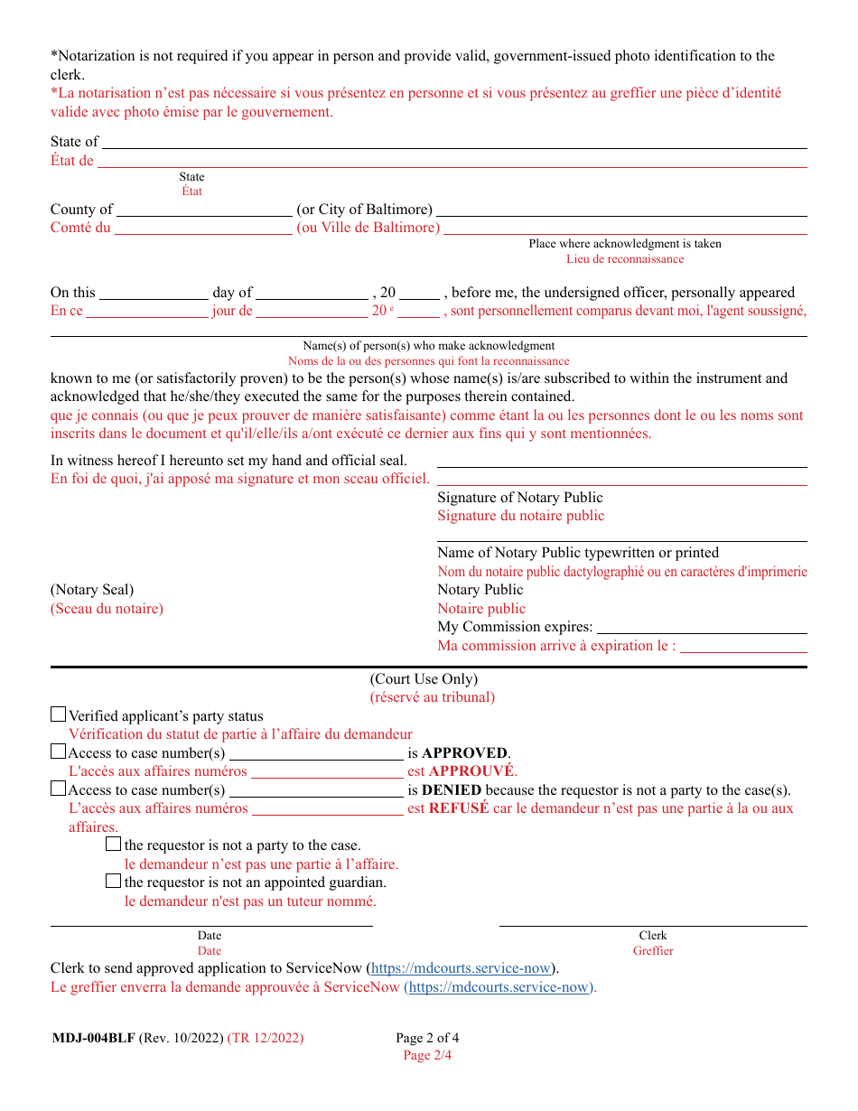 Form MDJ-004BLF Application for Party Access to Mdec Cases - Maryland (English / French), Page 2