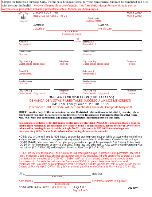 Form CC-DR-005BLS Complaint for Visitation (Child Access) - Maryland (English/Spanish)