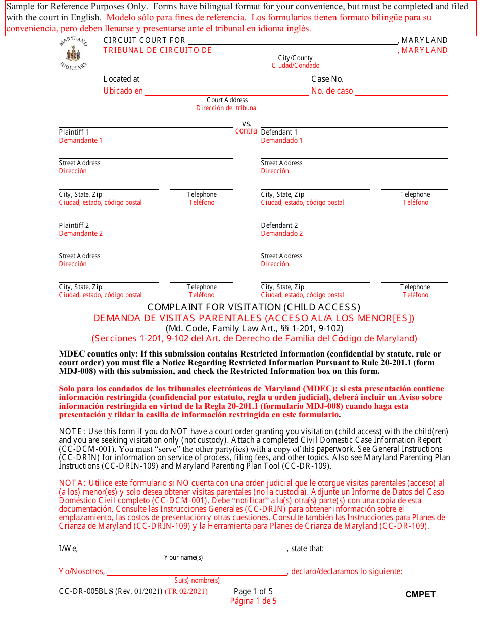 Form CC-DR-005BLS Complaint for Visitation (Child Access) - Maryland (English / Spanish), Page 1