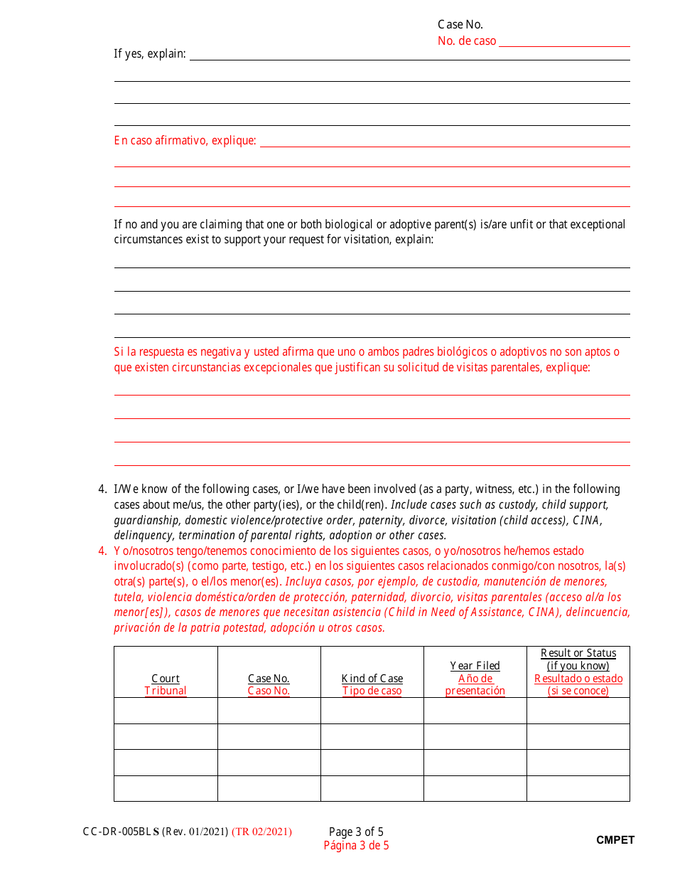 Form CC-DR-005BLS Complaint for Visitation (Child Access) - Maryland (English / Spanish), Page 3