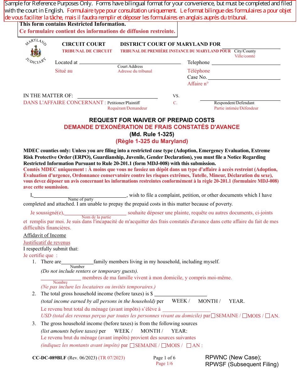 Form CC-DC-089BLF Request for Waiver of Prepaid Costs - Maryland (English / French), Page 1