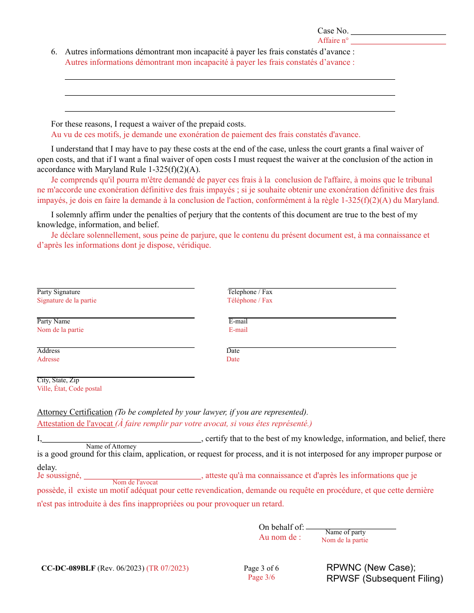 Form CC-DC-089BLF Request for Waiver of Prepaid Costs - Maryland (English / French), Page 3