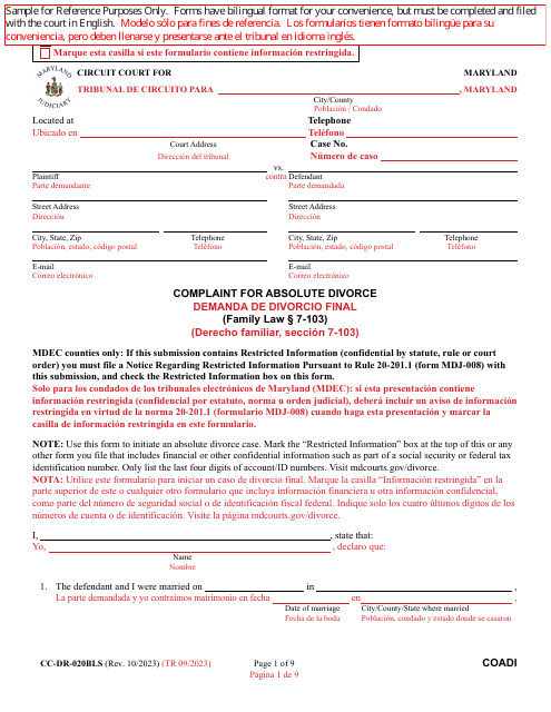 Form CC-DR-020BLS Complaint for Absolute Divorce - Maryland (English/Spanish)