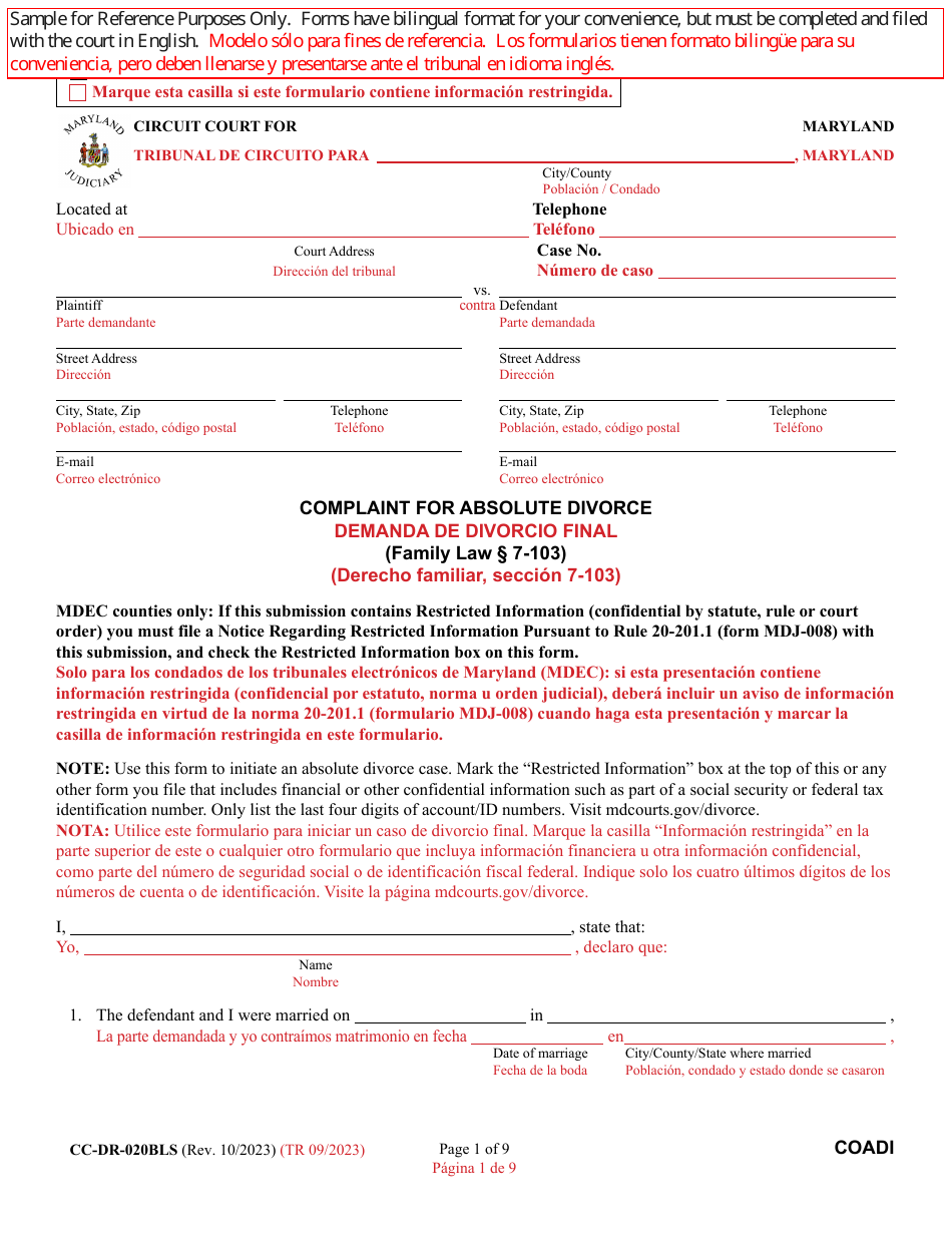 Form CC-DR-020BLS Complaint for Absolute Divorce - Maryland (English / Spanish), Page 1