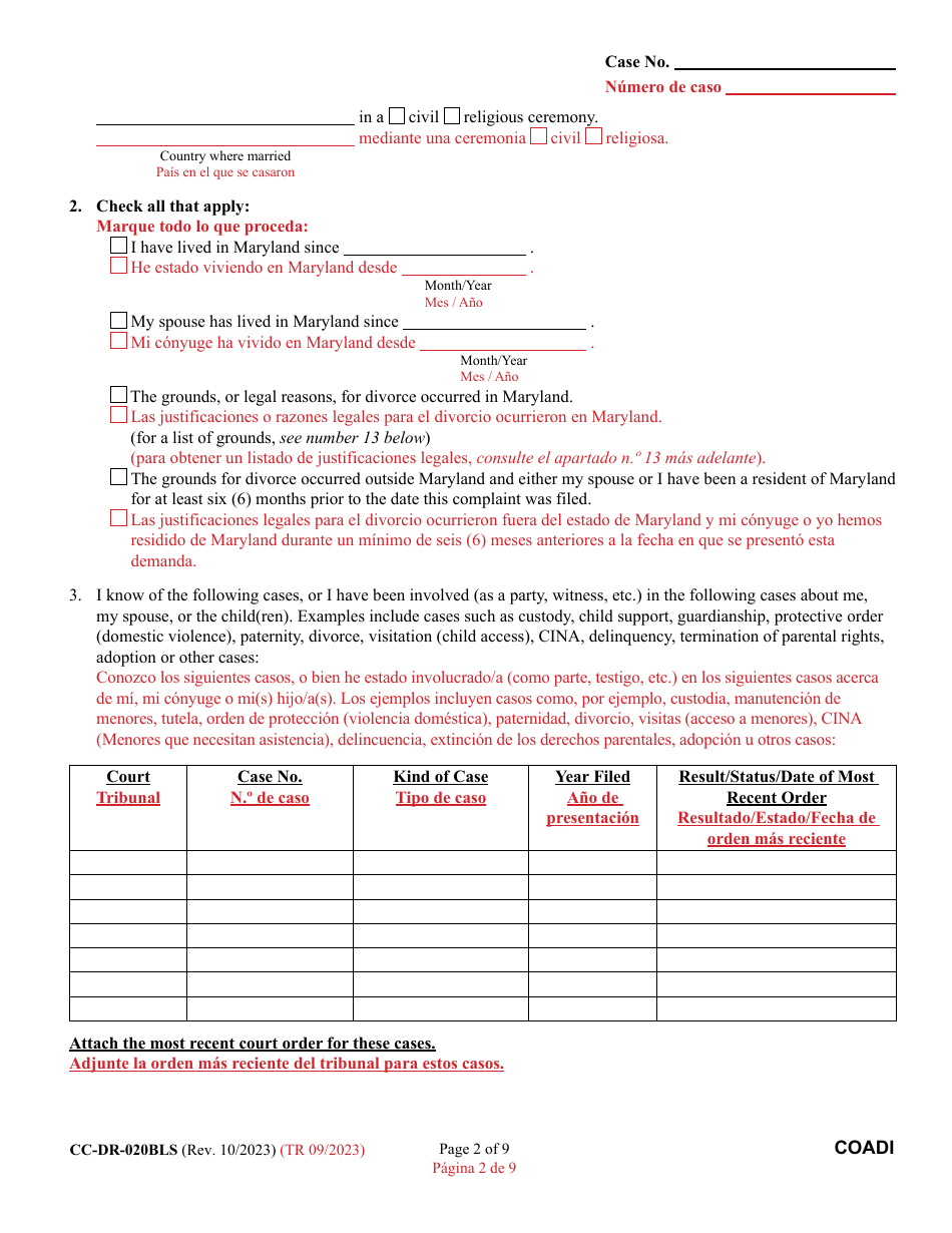 Form CC-DR-020BLS Complaint for Absolute Divorce - Maryland (English / Spanish), Page 2