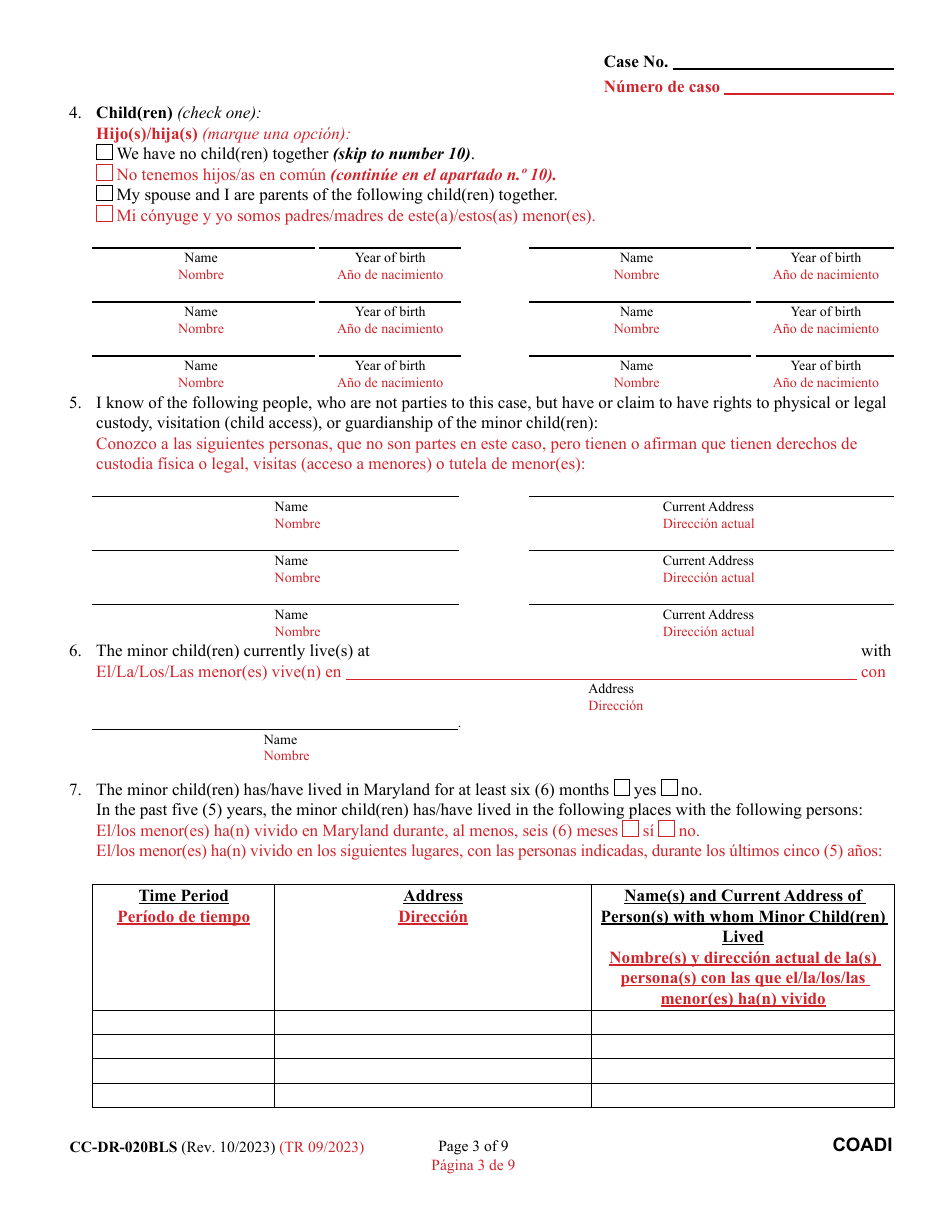 Form CC-DR-020BLS Complaint for Absolute Divorce - Maryland (English / Spanish), Page 3