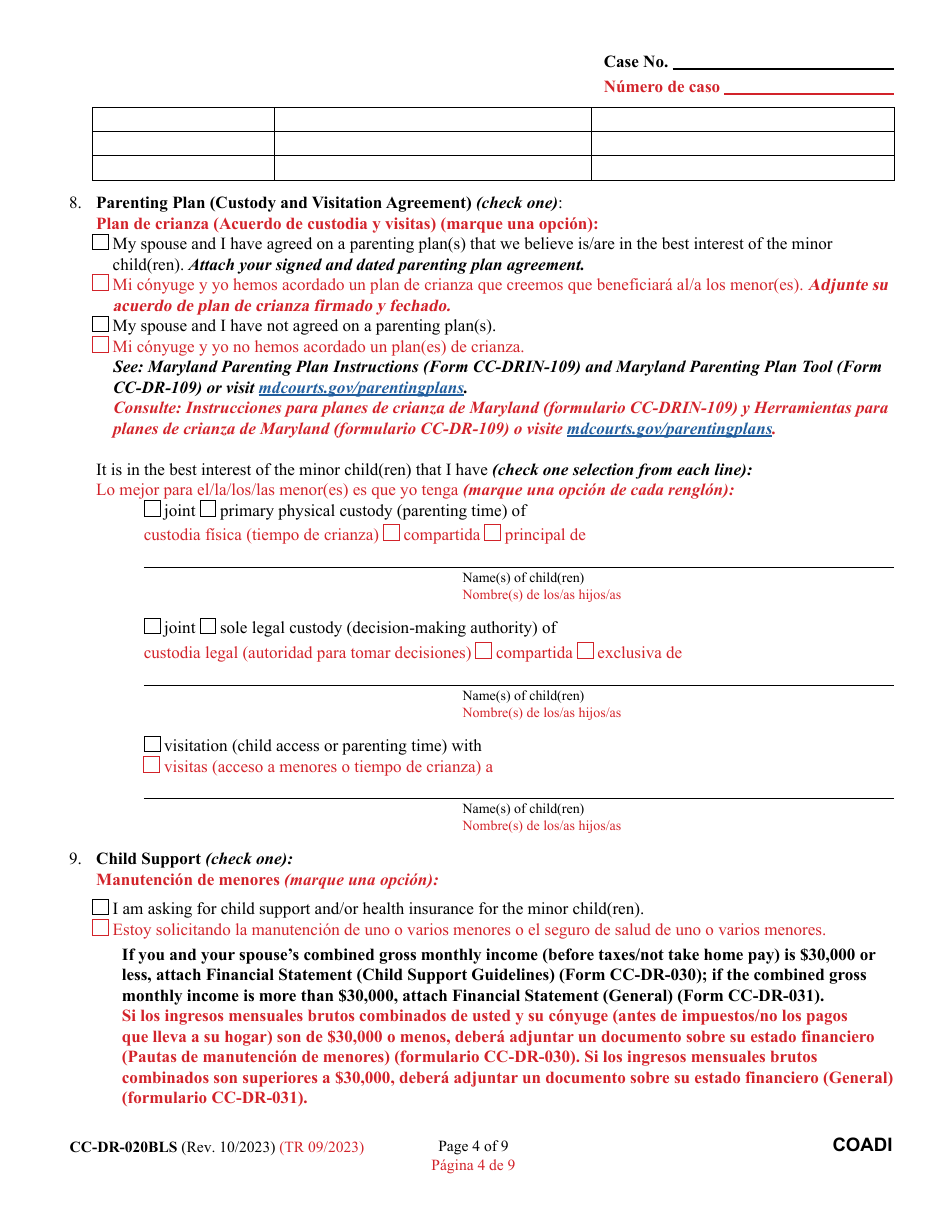Form CC-DR-020BLS Complaint for Absolute Divorce - Maryland (English / Spanish), Page 4