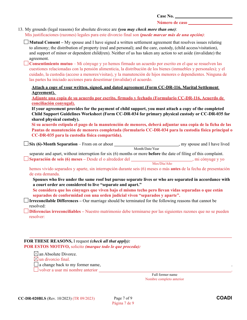 Form CC-DR-020BLS Complaint for Absolute Divorce - Maryland (English / Spanish), Page 7