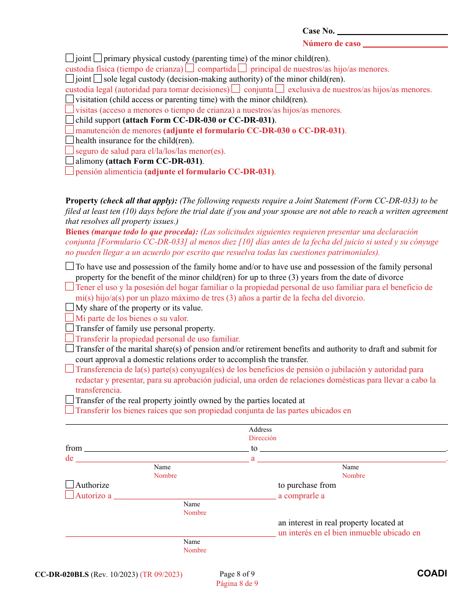 Form CC-DR-020BLS Complaint for Absolute Divorce - Maryland (English / Spanish), Page 8